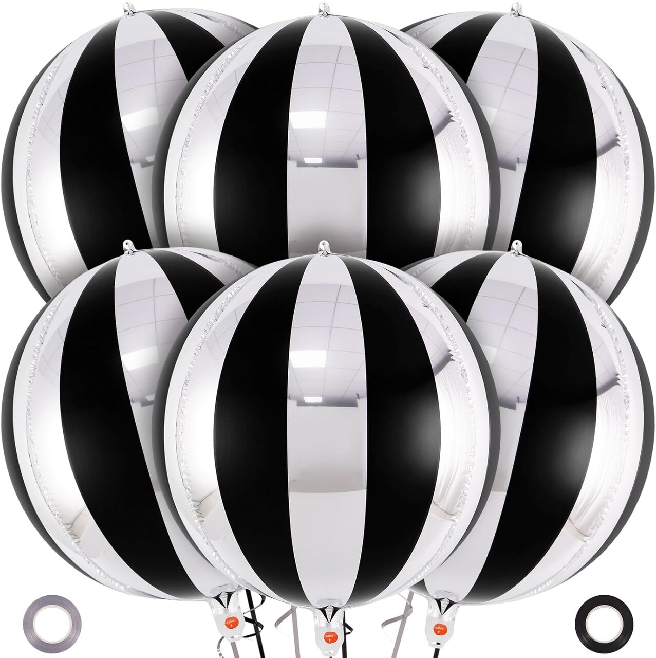 Black and Silver Striped Balloons, 22 Inch Metallic Round Foil Balloons-	Black and Silver